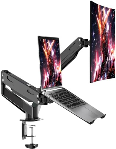 Pholiten Monitor and Laptop Mount for Max 32” Monitor and 17” Laptop, Dual Monitor Mount Holds up to 22lbs,Laptop Tray Stand with Gas Spring Arm,Adjustable Monitor Laptop Mount Stand