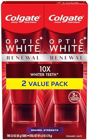 Colgate Optic White Renewal Teeth Whitening Toothpaste, Enamel Strength, 2 Pack, 3 Oz Tube