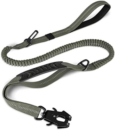 Joytale Tactical Dog Leash Heavy Duty, 4-6FT Shock Absorbing Bungee Lead with 2 Padded Handle, Metal Carabiner Clip, Car Seatbelt, Strong No Pull Leash for Medium Large X-Large Dogs, Army Green