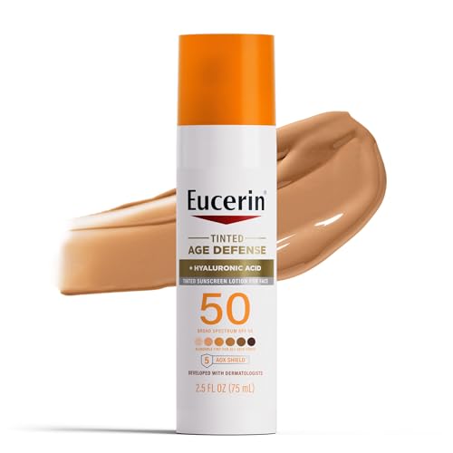 Eucerin Sun Tinted Age Defense SPF 50 Face Sunscreen Lotion, Hypoallergenic, Fragrance Free Tinted Sunscreen SPF 50 with Hyaluronic Acid, 2.5 Fl Oz Bottle