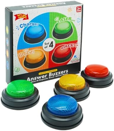 Set of 4 Buzzers for Trivia Games, Answer Buzzers for Classroom, Family Feud Jeopardy Buzzer, Game Buzzers with Lights and Sound for Classroom, Game Show Buzzer Buttons