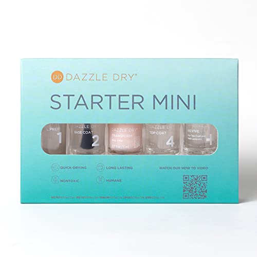 Dazzle Dry Complete Starter Mini Kit | Step 1 - Nail Prep, Step 2 - Base Coat, Step 4 - Top Coat, Transform - Ridge Filler & Revive - Polish & Top Coat Thinner.
