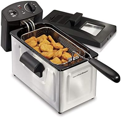 Hamilton Beach Professional Style Electric Deep Fryer with Basket and Lid, 3 Liters / 8 Cups, Temperature Control, Includes Frying Basket with Hooks, 1500 Watts, Stainless Steel (35032)
