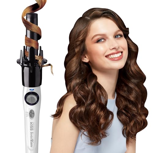 KISS Instawave Deluxe Automatic Rotating Curling Iron, Patented Automotic Spinner, 2-Way Rotation, 1” Ceramic Ionic Wand, Dual Heat Settings, 420° Max Temperature, Black & White