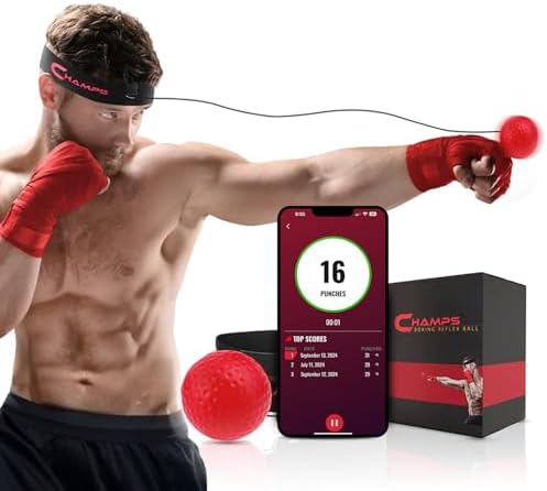 Champs MMA Boxing Reflex Ball with Punch Counter App - Improve Hand-Eye Coordination & Reaction Speed, Essential Boxing Equipment for Training, Adjustable Gear for Kids and Adults (Advanced)