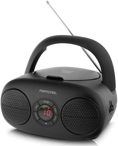 Memorex MX-BCD20(K) Portable CD Player | AM/FM Stereo Radio with Telescopic Antennas | CD-R/RW Compatible | Programmable Memory | LED Display | AUX Input | AC & Battery Powered (Black)