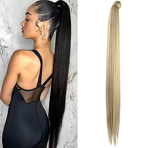 SEIKEA Clip in Ponytail Extension Wrap Around Long Straight Pony Tail Hair Synthetic Hairpiece for Women 35 Inch Color Ash Blonde