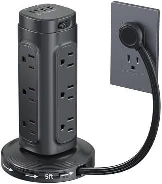 TROND Retractable Power Strip Tower - Flat Plug Surge Protector Power Strip with USB C PD 20W, 5ft Extension Cord with Multiple Outlets, 1700 Joules, Office Desk Supplies, Dorm Room Essentials, Black