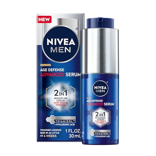 NIVEA MEN Age Defense Advanced Serum with Thiamidol (TM) and Hyaluronic Acid, Fast-Absorbing Face Serum Helps Reduce Look of Dark Spots, Fine Lines and Wrinkles, 1 Fl Oz Bottle