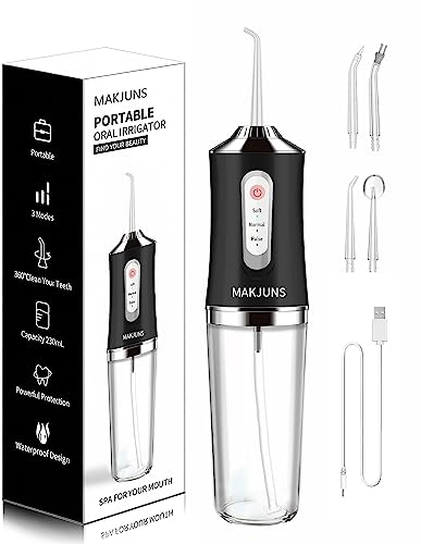 Water-Flosser-Cordless-Teeth-Cleaner MAKJUNS Water Dental Flosser with 3 Modes 4 Jets Rechargeable IPX7 Waterproof Dental Oral Irrigator for Travel Home Braces(Luxury Black)
