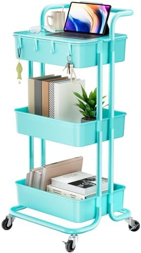 Pipishell 3 Tier Rolling Cart with Table Top, Utility Cart with Wheels & 4 Hooks, Rolling Storage Cart for Home Storage and Organization, Turquoise, PIUC09TB