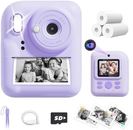 Kids Camera Instant Print, Upgrade Dual-Lens Selfie Digital Camera for Kids, Christmas Birthday Gifts Toys for Boys Girls Age 3-12, HD 1080P Kids Camera with SD Card 3 Rolls Print Paper