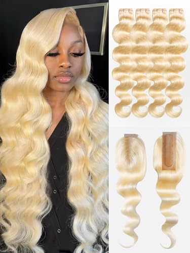 Blonde Body Wave Bundles Human Hair 20 22 24 26 inch 4 Bundles 613 Bundles Human Hair Extensions Natural Brazilian Virgin Unprocessed Human Hair with Mono Top Closure