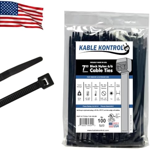 Kable Kontrol Made in USA Cable Zip Ties, 100 Pcs 7 Inch Black, 50 Lbs Tensile Strength, Self-locking UV Resistant Plastic Nylon Wire Ties, for Indoor or Outdoor Use