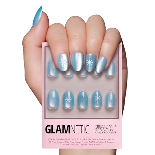 Glamnetic Press On Nails - Subzero | Opaque Pale Icy Blue Snowflake Graphic Short Oval False Nails, Reusable Stick On Fake Nails with Glue | Salon Quality | 15 Sizes - 30 Nail Kit