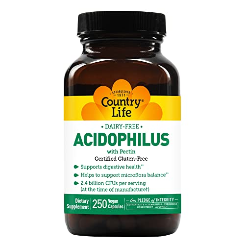 Country Life Dairy-Free Acidophilus with Pectin, 2.4 Billion CFUs, 250 Vegan Capsules, Certified Gluten Free, Certified Vegan