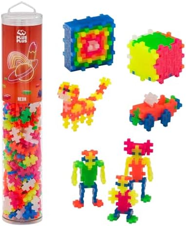PLUS PLUS 240 Piece Interlocking Building Blocks for Kids, Open Ended Connecting Toys, STEM Bin Classroom Mini Manipulatives - Neon Mix Play Tube