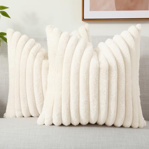decorUhome Christmas Faux Fur Throw Pillow Covers 20x20 Set of 2, Decorative Soft Plush Striped Couch Pillow Covers with Velvet Back for Sofa, Bed, Living Room, Cream White