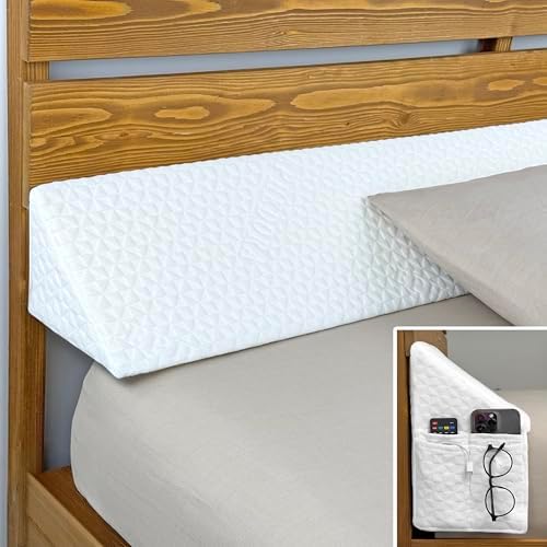 Bed Wedge Pillow for Headboard Gap Filler Full Size - High Density Memory Foam Headboard Pillow Wedge Prevents Items Falling - Triangle Mattress Spacer with Pockets