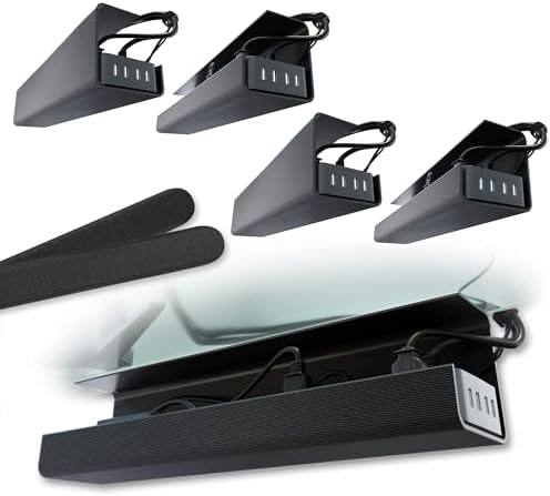 No-Screw Under Desk Cable Management Tray - Self-Adhesive Installation, Cord Management, Cable Tray, Under Desk Wire Organizer - Black Set of 4