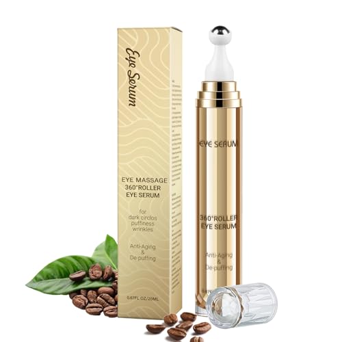 5% Caffeine Eye Serum, Hyaluronic Acid Under Eye Cream for Dark Circles and Puffiness Eye Care Eye Serum Anti Aging with 360° Massage Ball Reduce Eye Bags, Wrinkles and Fine Lines （0.67 Fl. Oz.）