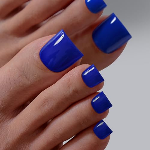 BTArtbox Press On Toenails - Real Square Opaque Blue Toe Nail Press Ons with Glue for Women, Fake Toe Nail Tips in 15 Sizes - 30 Toenails Kit, Naval Forces