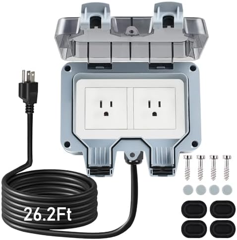 Outdoor Power Outlet Box with 26.3Ft Extension Cord, NEMA 5-15R, STW 14 AWG, Weatherproof Waterproof IP66 Electrical Outlet Extender, Exterior Wall Power Socket w/Cover for Garden