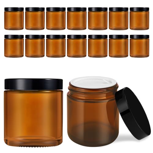 16 Pack, 4 oz Glass Jars with Lids, Amber Glass Jars Small Glass Containers Spice Container for Slime, Makeup, Cream, Lotion, Cosmetic