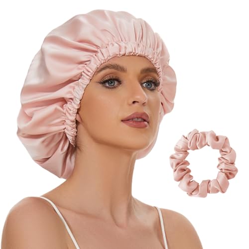 22 Momme 100% Mulberry Silk Bonnet for Sleeping Women, Adjustable Silk Hair Wrap for Sleeping Hair Care, Bonnet with Elastic Stay On Head(Pink) showercap