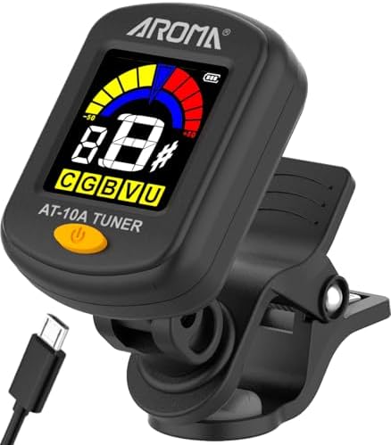 Aroma Rechargeable Guitar Tuner Clip On for Guitar, Violin, Ukulele, Bass, Mandolin, with Chromatic Tuning Modes, Full Color Display, Quick & Accurate Tuning (Type-C Charging Cable Included)