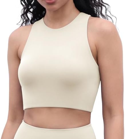 ODODOS Racerback Tank Bra for Women High Neck Non Padded Medium Support Sports Bra Workout Yoga Crop Tops
