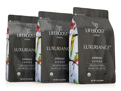Lifeboost Coffee Espresso Ground Coffee - Low Acid Single Origin USDA Organic Coffee - Non-GMO Espresso Coffee Third Party Tested For Mycotoxins & Pesticides (Espresso Ground 12oz x 3 pack)