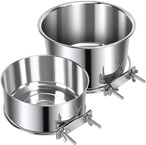 2 Pcs Large Pet Dog Food Water Bowl for Cage Stainless Steel Non-Spill Kennel Hanging Cats Bowls with Clamp Holder Crate Feeder Dish for Medium Large Dogs Huge Pets (7.1x3.5'' & 6.3x2.6'')