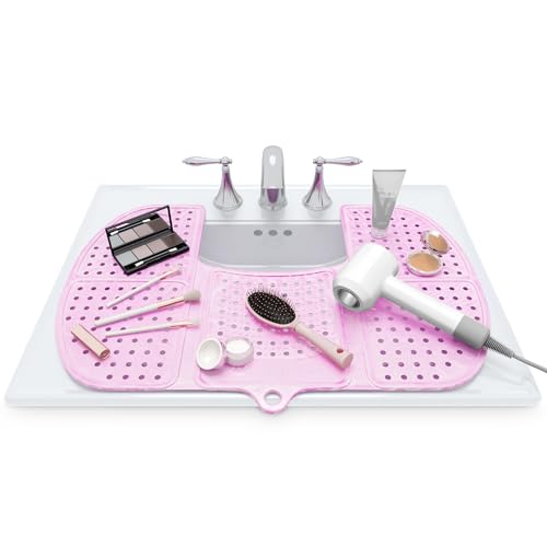 Sink Topper Foldable Sink Cover - Silicone Beauty Makeup Brush Cleaning Mat - Hot Tools Organizer - Bathroom Must Have Accessory for Extra Space & Storage Saver - Traveling - Large Pink