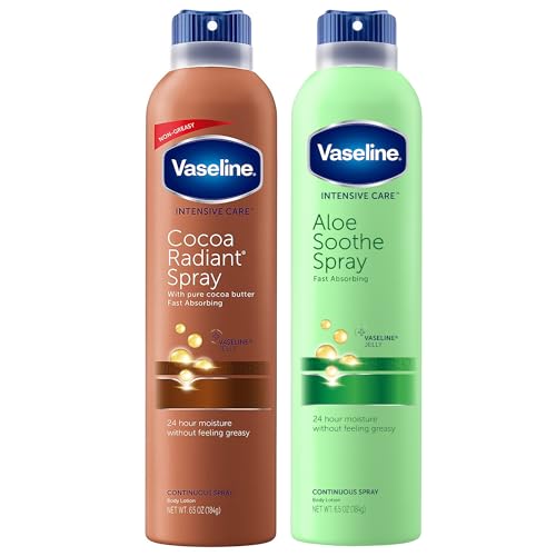 Vaseline Cocoa Radiant Spray + Aloe Soothe Spray Variety 2-Pack – Non-Greasy, Fast-Absorbing All-Over Moisturizer for Dry Skin, 6.5 Oz Ea