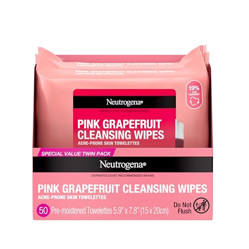 Neutrogena Makeup Remover Wipes, Facial Cleansing Wipes Suitable for Oily & Acne Prone Skin, Wipes Away Bacteria, Dirt & Oil, Scented Facial Wipes with Pink Grapefruit Extract, 50 Count