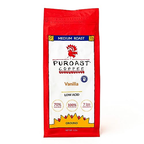 Puroast Low Acid Coffee Flavored Coffee | Vanilla Ground | Medium Roast | High Antioxidants & High pH |No Bitter Aftertaste | Reduced Heartburn & GERD | Suitable for Cold Brew - 2.2 LB