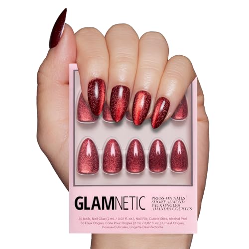 Glamnetic Press On Nails - Ruby Slipper | Deep Red Sparkly Short Almond Fake Nails with a Velvet Finish, Reusable | 15 Sizes - 30 Nail Kit with Glue