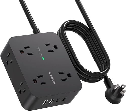 Surge Protector Power Strip 10 Ft Cord, Extension Cord with 2 USB C Ports, Multiple Outlet Extender with Flat Plug, Wall Mount for Home Office College Dorm Room Essentials Black