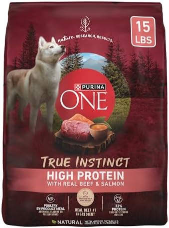 Purina ONE Natural High Protein Dry Dog Food Dry True Instinct with Real Beef and Salmon With Bone Broth and Added Vitamins, Minerals and Nutrients - 15 lb. Bag
