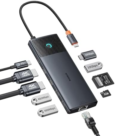 Baseus Docking Station Dual Monitor,10Gbps 10 in 1 Docking Station with 2 HDMI Single 4K@120Hz, Dual 4K@ 60Hz,10Gbps USB C and USB A, Gigabit Ethernet, PD 100W, SD/TF for iPhone 15/Mac/Dell/HP/Lenovo