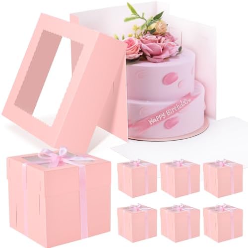 KPOSIYA 12 pcs Cake Boxes（6 Boxes & 6 Boards），12x12x12 inch Tall Cake Box with Window，Pink Bakery Dessert Boxes with Cake Boards,Cajas Pasteles Square Cardboard Cake Containers for Birthday Party