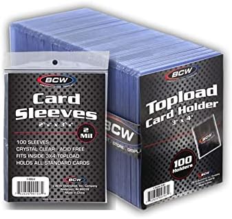 BCW 3x4 Topload Card Holders and Card Sleeves Combo | 100 Clear Plastic Toploaders and 100 Soft Card Sleeves | Protect, Store, and Display Trading Cards | Durable Card Storage Box for Collectors