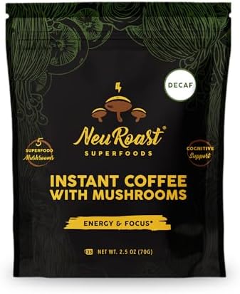 Decaf Instant Mushroom Coffee by NeuRoast | Low Acid, Smooth Taste | Enhanced Energy & Focus with Five Superfood Mushrooms | Supports Cognitive Health