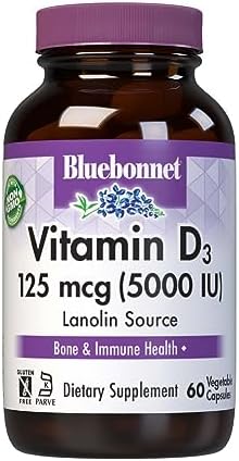 Bluebonnet Nutrition Vitamin D3 5000 IU Vegetable Capsule, Aids in Muscle & Skeletal Growth, Cholecalciferol from Lanolin, D3, Non GMO, Gluten Free, Soy Free, Milk Free, Kosher, 60 Count