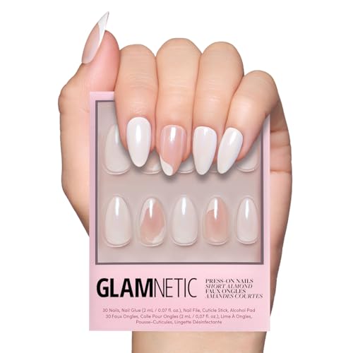 Glamnetic Press On Nails - Lovey Dovey | Short Almond Nails with Abstract Accents, Reusable Stick On Fake Nails with Glue | Love In Bloom Spring Nails | 15 Sizes - 30 Nail Kit with Glue