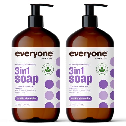 Everyone 3-in-1 Soap, Body Wash, Bubble Bath, Shampoo, 32 Ounce (Pack of 2), Vanilla and Lavender, Coconut Cleanser with Plant Extracts and Pure Essential Oils