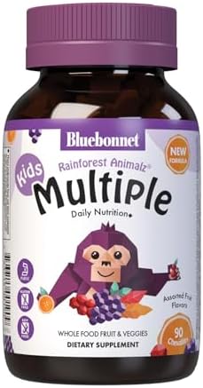 Bluebonnet Nutrition Rainforest Animalz Whole Food Based Multiple Chewable Tablets, Kids Multivitamin & Mineral, Vitamin C, D3, Iron, Gluten Free, Milk Free, Kosher, 90 Chewable Tablets, Mixed Flavors