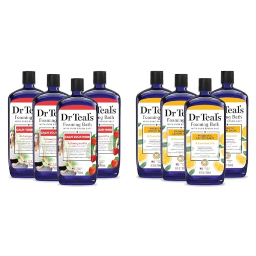Dr Teal's Foaming Bath Bundle with Pure Epsom Salt, Ashwagandha, 34 fl oz (Pack of 4) and Prebiotic Lemon Balm, 34 fl oz (Pack of 4)