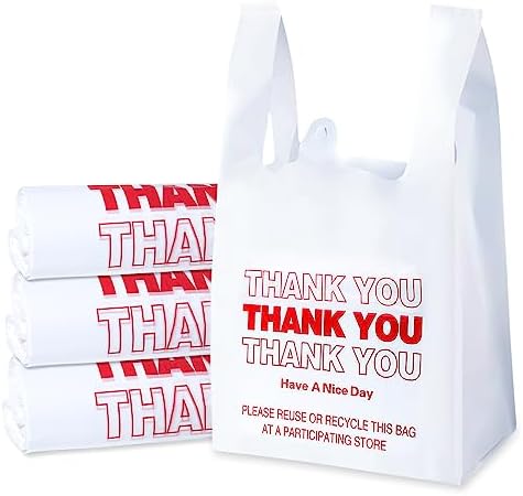 SheerDelight Plastic Bags, 300 Count Thank You Bags, Plastic Bags With Handles For Shopping, Grocery, Plastic Bags For Small Business (11"x 6"x 21"), Recyclable T Shirt Bags, White Plastic Bag